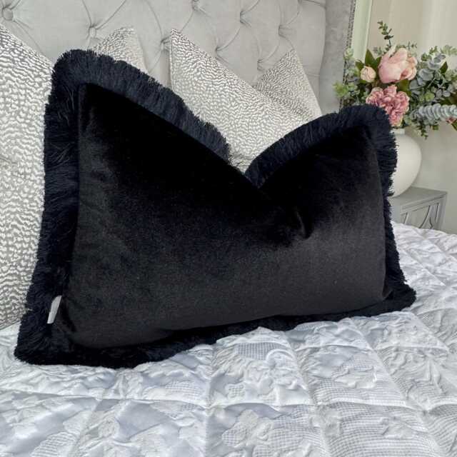 Black Fringed Pillow Cover With Black Fringe Handmade Luxury Cushion For Home Decor, Monochrome Design - Interior - image 1