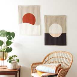Modern Sun & Moon Quilted Textile Wall Hanging Pair