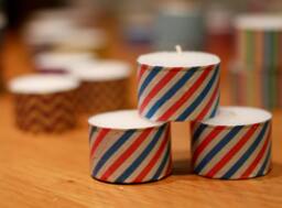 3 Extra-Tall Tea Light Candles Decorated With Washi Tape in Striped Red White & Blue Air-Mail Pattern - thumbnail 1