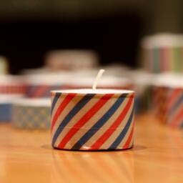 3 Extra-Tall Tea Light Candles Decorated With Washi Tape in Striped Red White & Blue Air-Mail Pattern - thumbnail 3
