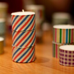 3 Extra-Tall Tea Light Candles Decorated With Washi Tape in Striped Red White & Blue Air-Mail Pattern - thumbnail 2