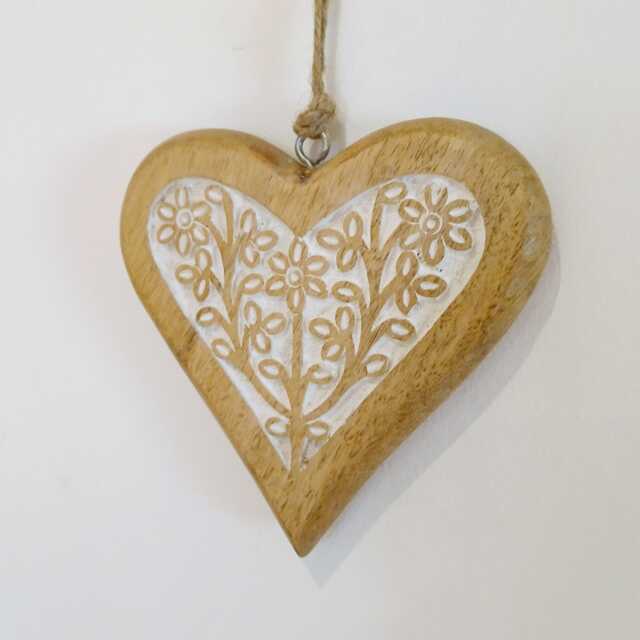Large Mango Wood Hand Carved Hanging Heart With White Flower Detail & Infill - Decoration Wall Decor Rustic - image 1