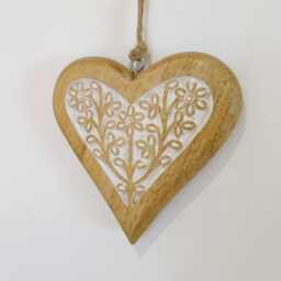 Large Mango Wood Hand Carved Hanging Heart With White Flower Detail & Infill - Decoration Wall Decor Rustic - thumbnail 1