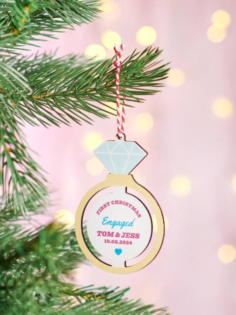 Personalised First Christmas Engaged Ornament, Custom Engagement Ring Tree Decoration, Unique Keepsake Gift, Year Gift - image 1