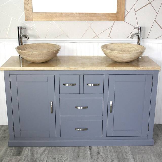 Grey Painted Bathroom Vanity Cabinet Double Twin Sinks Bowl Basins Travertine 603Gtt025T - image 1