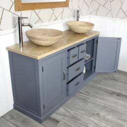 Grey Painted Bathroom Vanity Cabinet Double Twin Sinks Bowl Basins Travertine 603Gtt025T - thumbnail 3