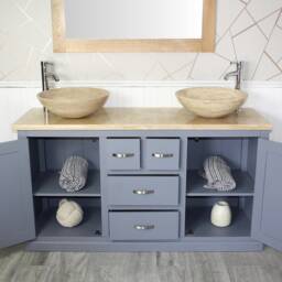 Grey Painted Bathroom Vanity Cabinet Double Twin Sinks Bowl Basins Travertine 603Gtt025T - thumbnail 2