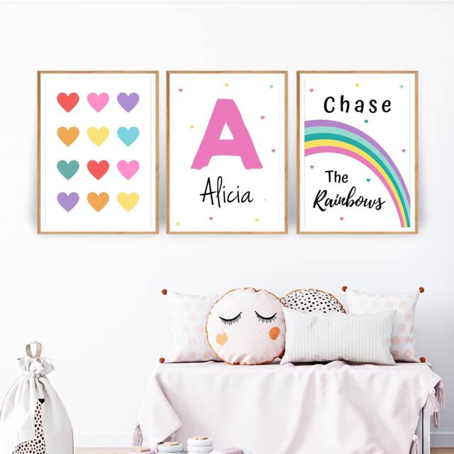 Personalised Rainbow Prints, Childrens Set Of 3 Bedroom Wall Art - Girls Decor, Bedroom, Art 417