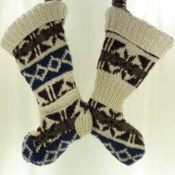 Christmas Stocking Wool Felt Hand Made Ecuador Venicia Imports Off White Almond Cream Grey Wine Navy Patterns Recycled Repurposed 943 - thumbnail 4