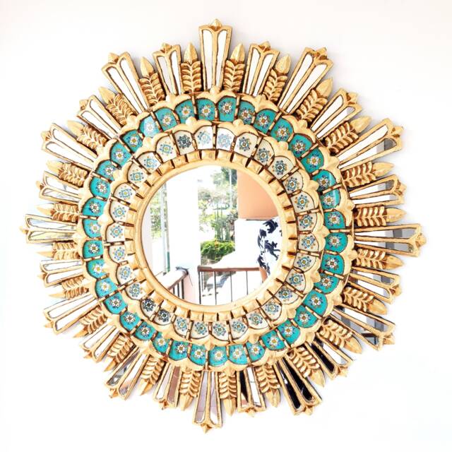 Peruvian Gold Royal Sunburst Mirror 78 cm Handmade Wall Decor - Carved Wood Round Luxury Statement For Living Room Entryway Bathroom - image 1