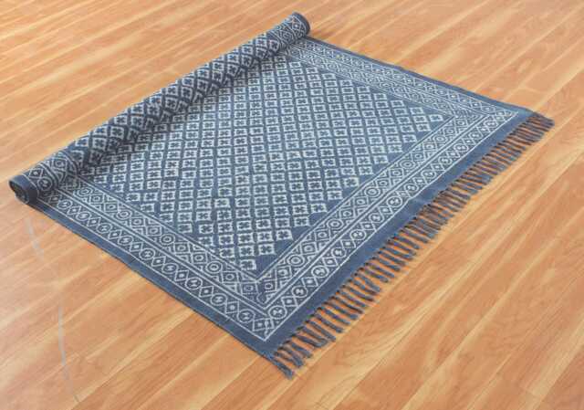 Indigo Blue Cotton Dhurrie Rug Dabu Block Print, Hand Washable - image 1