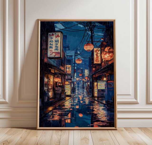 Rainy Night in Japan Poster, Urban Cityscape Art Print, Retro Japanese Street Decor, Neon Lantern Artwork, Tranquil Scene - image 1