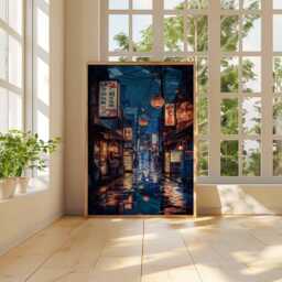 Rainy Night in Japan Poster, Urban Cityscape Art Print, Retro Japanese Street Decor, Neon Lantern Artwork, Tranquil Scene - thumbnail 2