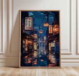 Rainy Night in Japan Poster, Urban Cityscape Art Print, Retro Japanese Street Decor, Neon Lantern Artwork, Tranquil Scene - thumbnail 1
