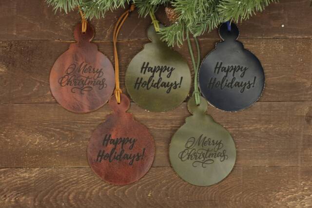 Leather Christmas Ornaments Big, Merry Ornaments, Happy Holidays Ornaments Engraved, Navy Ornament. Olive Green Ornament - image 1