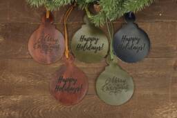 Leather Christmas Ornaments Big, Merry Ornaments, Happy Holidays Ornaments Engraved, Navy Ornament. Olive Green Ornament
