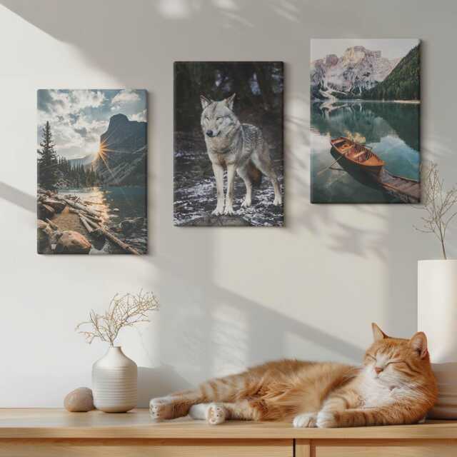 Canvas Art Set Of 3 - Mountains, Lakes & A Wolf in Natural Setting, Gray Print, Landscapes Wall Decor - image 1