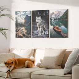Canvas Art Set Of 3 - Mountains, Lakes & A Wolf in Natural Setting, Gray Print, Landscapes Wall Decor - thumbnail 2