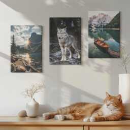 Canvas Art Set Of 3 - Mountains, Lakes & A Wolf in Natural Setting, Gray Print, Landscapes Wall Decor - thumbnail 1