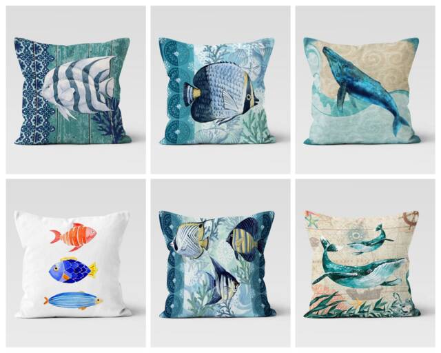 Fish Cushion Covers/Beach Home Decorative Pillow-Decorative Summer Marine Pillow Cover-Fish Painting Throw-Beach House Trend - image 1