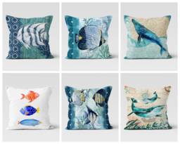 Fish Cushion Covers/Beach Home Decorative Pillow-Decorative Summer Marine Pillow Cover-Fish Painting Throw-Beach House Trend