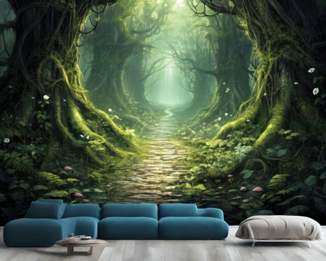 Mystical Forest Mural, Sunlight Fireflies, Peel & Stick Wallpaper - image 1