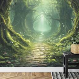 Mystical Forest Mural, Sunlight Fireflies, Peel & Stick Wallpaper - thumbnail 3