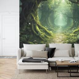Mystical Forest Mural, Sunlight Fireflies, Peel & Stick Wallpaper - thumbnail 2