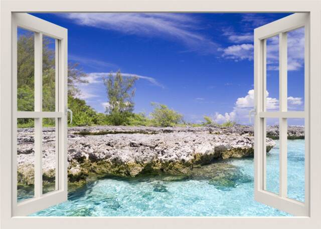Tropic Sea View, Mural, Rocks Wall Sticker, Tropical Shore 3D Window View Bedroom Living Room Decor