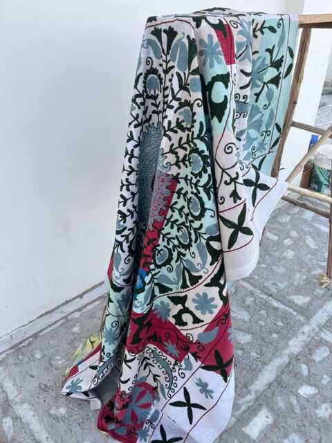 Bohemian Cotton Kantha Suzani Quilt Blanket - Handcrafted Indian Bedding Coverlet With Artistic Floral Stitch Pattern - image 1