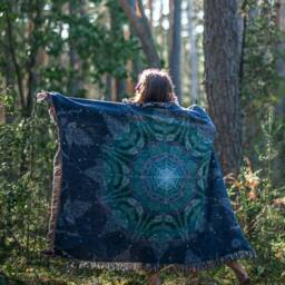 Blue Cosmic Owl Mandala Woven Blanket, Mystical Home Decor, 100% Cotton, Shipped From Us - thumbnail 3