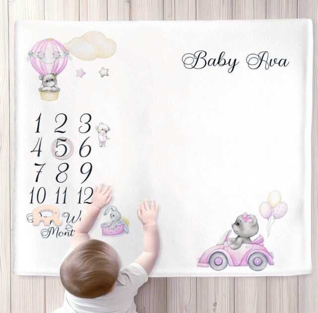 Pink Balloon Milestone Blanket, Personalised Growth Comforter Photography Mat - image 1