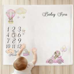Pink Balloon Milestone Blanket, Personalised Growth Comforter Photography Mat - thumbnail 3