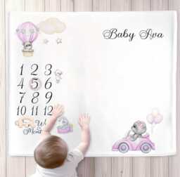 Pink Balloon Milestone Blanket, Personalised Growth Comforter Photography Mat - thumbnail 1