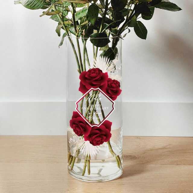 Personalised Red Roses Wedding Anniversary Gift Cylinder Glass Flower Vase