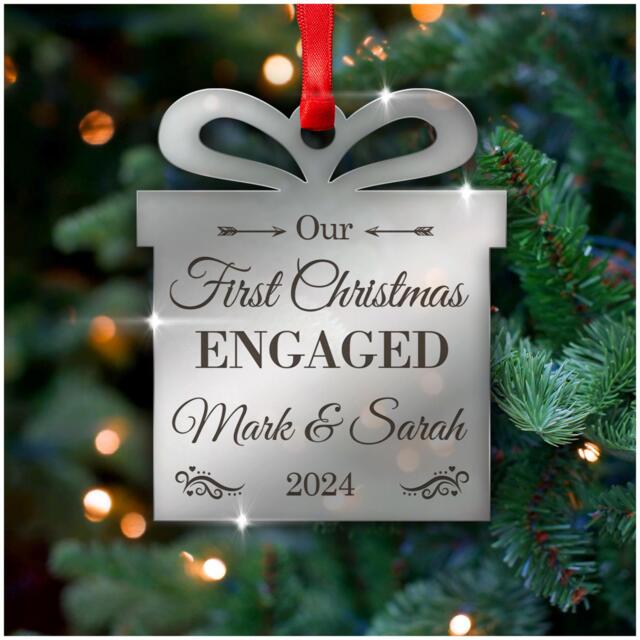 Our First Christmas Engaged Decoration, Engraved Mirror Engagement Ornament, 1st Engaged, With Red Bag - image 1