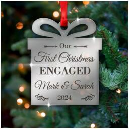 Our First Christmas Engaged Decoration, Engraved Mirror Engagement Ornament, 1st Engaged, With Red Bag - thumbnail 1