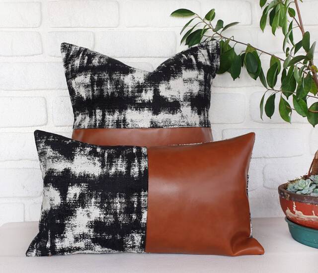 Cognac Faux Leather Pillow Cover Black White Abstract Lumbar - image 1