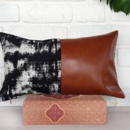 Cognac Faux Leather Pillow Cover Black White Abstract Lumbar - thumbnail 2