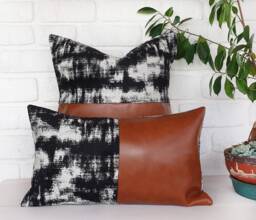 Cognac Faux Leather Pillow Cover Black White Abstract Lumbar - thumbnail 1