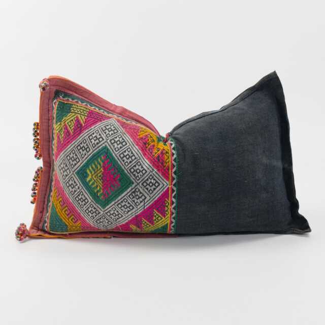 Vintage Tai Lu Hill Tribe Lumbar Pillow Cover - Handwoven Indigo Embroidered Cushion - image 1