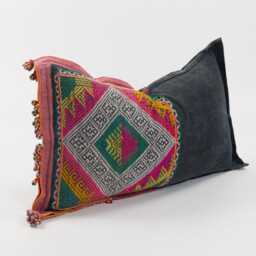 Vintage Tai Lu Hill Tribe Lumbar Pillow Cover - Handwoven Indigo Embroidered Cushion - thumbnail 3