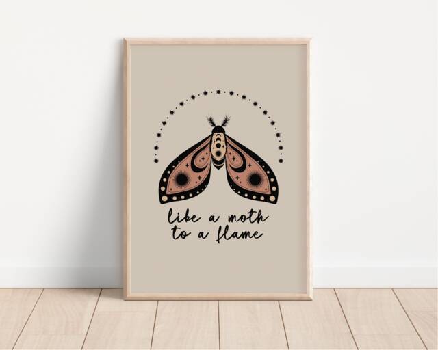 Like A Moth To Flame Boho Print - Celestial Spiritual Moth, Beige Hippie Tones, Butterfly, Bohemian Colour Art, Empowering Quote - image 1