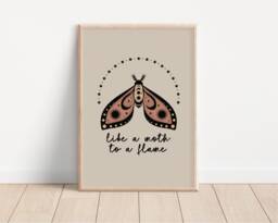 Like A Moth To Flame Boho Print - Celestial Spiritual Moth, Beige Hippie Tones, Butterfly, Bohemian Colour Art, Empowering Quote - thumbnail 1