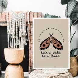 Like A Moth To Flame Boho Print - Celestial Spiritual Moth, Beige Hippie Tones, Butterfly, Bohemian Colour Art, Empowering Quote - thumbnail 3