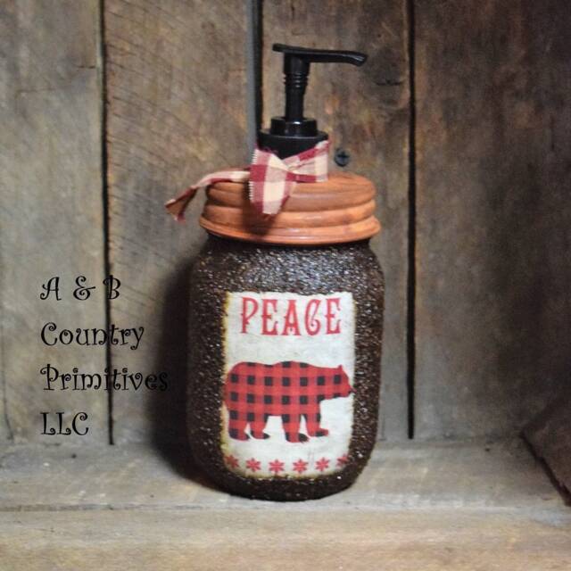 "Buffalo Plaid Bear Themed Hand Soap Dispenser, Grubby Mason Jar With Pump, Rustic Cabin Christmas Decor, ""Bear" - image 1