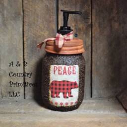 "Buffalo Plaid Bear Themed Hand Soap Dispenser, Grubby Mason Jar With Pump, Rustic Cabin Christmas Decor, ""Bear"