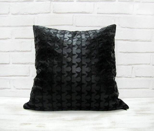Black Faux Leather Star Embroidery Pillow Cover Scandinavian Decor - 17x17'' - image 1