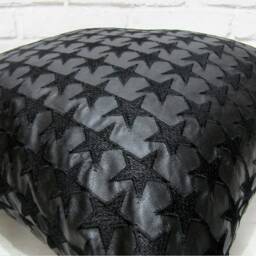 Black Faux Leather Star Embroidery Pillow Cover Scandinavian Decor - 17x17'' - thumbnail 3