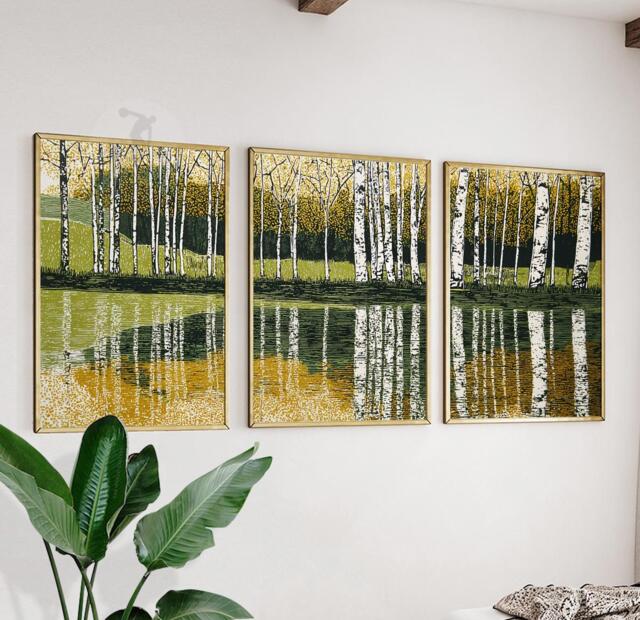 Birch Tree Forest Wall Art Set Of 3 - Autumn Landscape Prints Golden Lake Reflection Nature Decor Modern Woodland Artwork - image 1